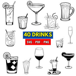Cocktail Drinks SVG Bundle, PNG 300 dpi: 40 Glass Outline Illustrations (Digital Download