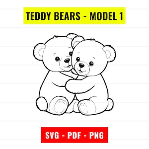 Può includere: Illustrazione in bianco e nero di due orsacchiotti che si abbracciano. Gli orsacchiotti hanno tratti del viso semplici e sono seduti in posizione eretta. Il testo "TEDDY BEARS - MODEL 1" è sopra gli orsacchiotti e il testo "SVG - PDF - PNG" è sotto gli orsacchiotti.