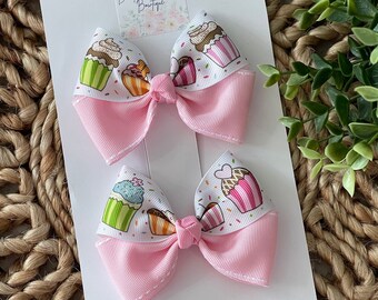 Cupcake hair bows, cupcake pigtail bows, Cupcakes baby hair bows, Pink cupcakes toddler hair bows, Girl hair bow, Cupcake baby piggy bows