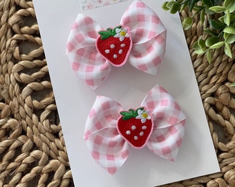 Strawberry bows, light pink gingham strawberry toddler hair bows, Strawberry baby bows, Strawberry pigtail bows, baby or toddler pigtail bow