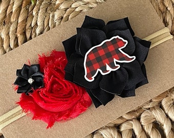 Lumberjack baby headband, Lumberjack baby hair accessory, Black and red baby headband, Buffalo plaid baby headband, Bear baby headband