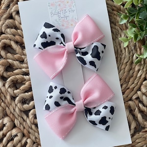 Cow printed hair bows, Cowgirl pigtail bows, Cowgirl baby headband, Cow baby hair bows, Girls hair clips, Cowgirl toddler hair bows