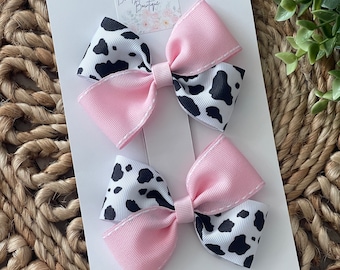Cow printed hair bows, Cowgirl pigtail bows, Cowgirl baby headband, Cow baby hair bows, Girls hair clips, Cowgirl toddler hair bows
