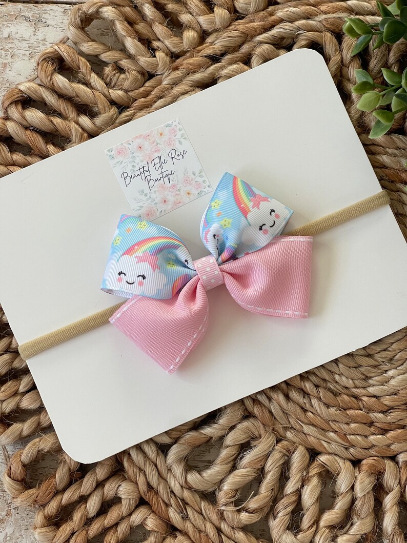 Rainbow headband, Rainbow baby headband, Rainbow bow headband for toddler, Rainbow and clouds girls headband, baby bow headband image 1