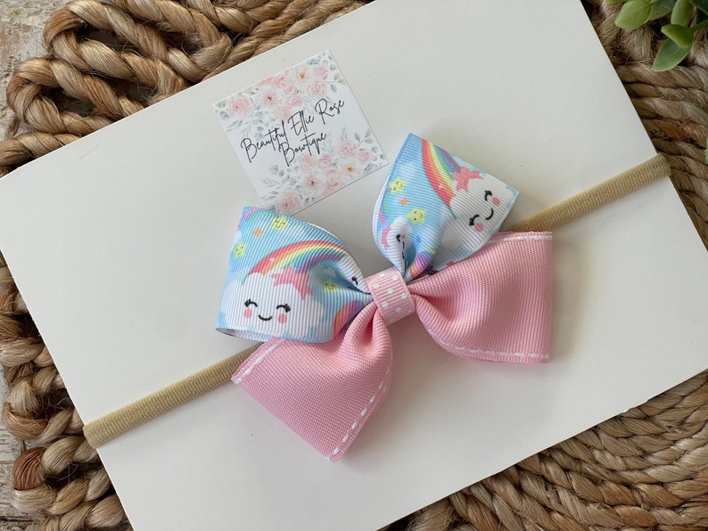 Rainbow headband, Rainbow baby headband, Rainbow bow headband for toddler, Rainbow and clouds girls headband, baby bow headband image 2
