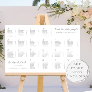 Plantilla de plano de asientos alfabético minimalista, plano de asientos de nuestra gente favorita, plano de asientos moderno, plano de asientos editable para bodas