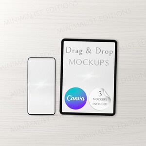 May include: A digital tablet and a smartphone with blank white screens. The tablet displays the text Drag & Drop MOCKUPS, a circular Canva logo, and a circular sticker with the text 3 MOCKUPS INCLUDED. The background features a repeating watermark.