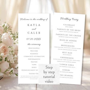May include: Two wedding ceremony programs with elegant script. The left program welcomes Kayla and Caleb, listing ceremony details. The right program lists the wedding party. A small card reads "Step by step tutorial video."