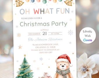 May include: Christmas party invitation with watercolor illustrations. The invitation features a Christmas tree, a teddy bear wearing a Santa hat and scarf, and gift boxes. The text reads "Oh What Fun" and includes party details.