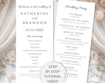 May include: Two white wedding program cards with elegant black text. The left card welcomes guests to Katherine and Brandon's wedding, listing the ceremony details. The right card lists the wedding party. A tutorial video is also advertised.