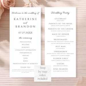 Könnte beinhalten: Zweiseitiges Hochzeitsprogramm mit eleganter Schrift. Auf der linken Seite steht "Welcome to the wedding of KATHERINE and BRANDON" mit dem Datum 07.27.20XX. Auf der rechten Seite ist die Hochzeitsgesellschaft aufgeführt, einschliesslich des Zeremonienmeisters, der Eltern, der Brautjungfer und der Bräutigame.
