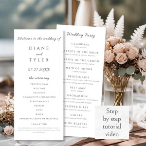Può includere: Programmi della cerimonia nuziale con testo, tra cui "Benvenuti al matrimonio di DIANE e TYLER" e dettagli del "Wedding Party". La data è 07.27.20XX. Un bouquet di rose rosa in un vaso di vetro è sulla destra. Una piccola carta dice "Step by step tutorial video".