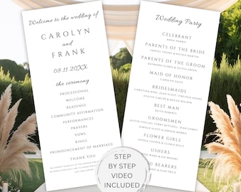 Programmasjabloon huwelijksceremonie, Canva-huwelijksprogramma, minimalistische programmasjabloon bruiloft, modern ceremonieprogramma