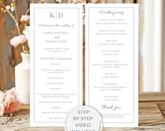 Minimalist Wedding Program Template, Wedding Ceremony Program Template, Editable Wedding Program, Canva Wedding Program Template