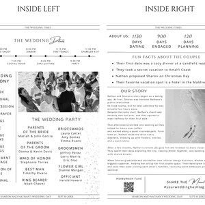 May include: A monochrome wedding program detailing the ceremony, wedding party, and schedule. The program includes the couple's story, fun facts, and a hashtag. The text is in a classic serif font.