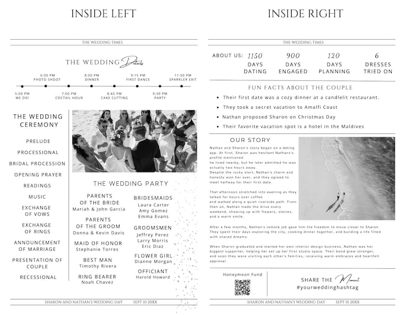May include: A monochrome wedding program detailing the ceremony, wedding party, and schedule. The program includes the couple's story, fun facts, and a hashtag. The text is in a classic serif font.