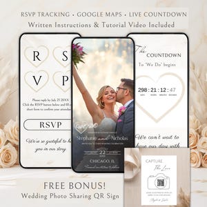 May include: Three smartphone screens display a digital wedding invitation suite featuring RSVP tracking, a photo of a couple, and a countdown timer. A small square sign with a QR code for photo sharing is included, with text reading RSVP TRACKING, GOOGLE MAPS, LIVE COUNTDOWN, and CAPTURE The Love.