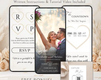May include: Three smartphone screens display a digital wedding invitation suite featuring RSVP tracking, a photo of a couple, and a countdown timer. A small square sign with a QR code for photo sharing is included, with text reading RSVP TRACKING, GOOGLE MAPS, LIVE COUNTDOWN, and CAPTURE The Love.