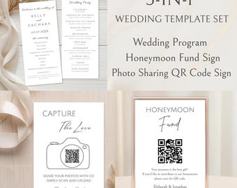 Puede incluir: Un conjunto de plantillas de boda 3 en 1 que incluye un programa de boda blanco con texto negro, un letrero para compartir fotos con icono de cámara y código QR, y un letrero para fondo de luna de miel con código QR en marco oro rosa.