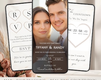 May include: Digital wedding invitation on a smartphone screen featuring a couple's photo, date, and time. Additional screens show RSVP options and a countdown timer. The invitation includes the text "Tiffany & Randy" and "Buffalo, NY."