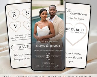 May include: Digital wedding invitation displayed on three smartphones. The central phone shows a couple with the text "Nova & Josiah" and wedding details. The other phones display RSVP and countdown features. The bottom of the image reads "MAP • RSVP TRACKING • REAL-TIME COUNTDOWN".