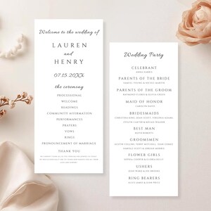 May include: Two elegant wedding ceremony programs with text, including the names Lauren and Henry, and the date 07.15.20XX. The programs list the ceremony details and wedding party. Soft pink roses and floral accents complete the design.