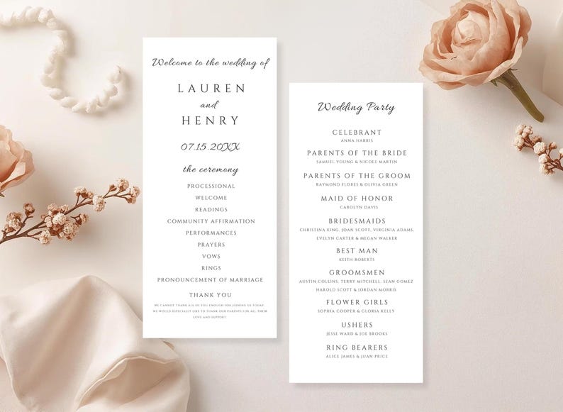 May include: Two elegant wedding ceremony programs with text, including the names Lauren and Henry, and the date 07.15.20XX. The programs list the ceremony details and wedding party. Soft pink roses and floral accents complete the design.