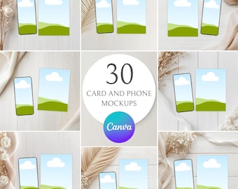 30 Card And Phone Mockup Bundle, 5x7 Card and Phone Mockups, Invite And Phone Mockups, Drag And Drop Mockups