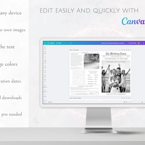 May include: A computer monitor shows a wedding newspaper template with the headline "The Wedding Times." The template features editable text, images, and colour options. The Canva logo is visible. Text on the left says "Edit on any device."