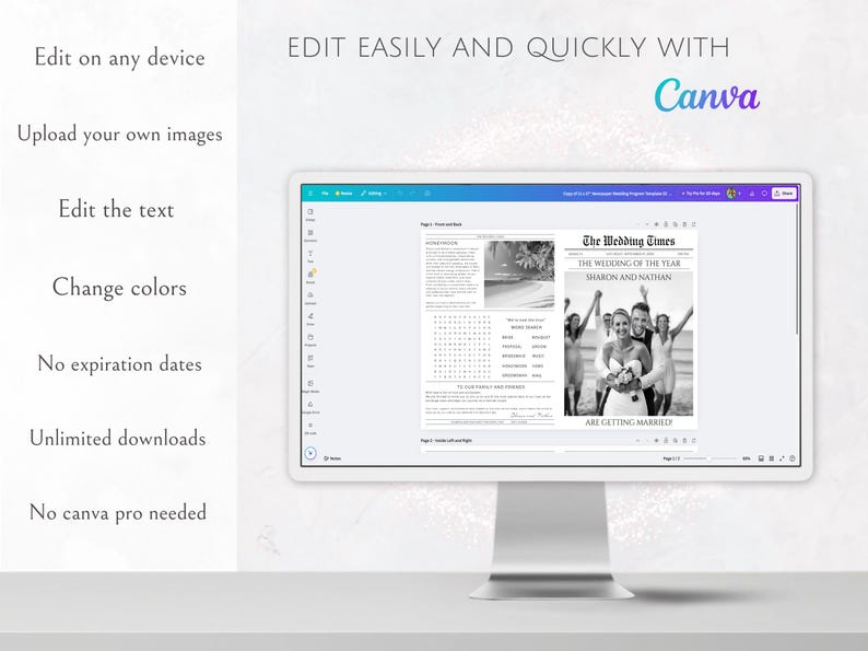 May include: A computer monitor shows a wedding newspaper template with the headline "The Wedding Times." The template features editable text, images, and colour options. The Canva logo is visible. Text on the left says "Edit on any device."