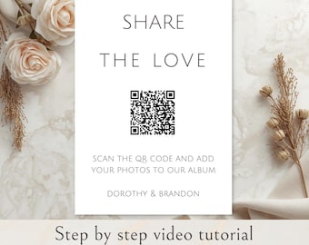 Enseigne de code QR avec photo pour mariage, enseigne de code QR Share the Love, modèle de photo de mariage avec code QR, partage de photos pour les invités du mariage