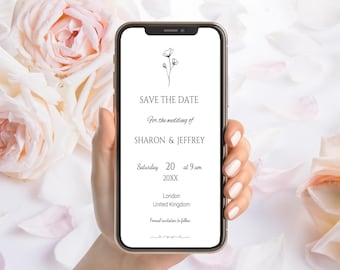 Puede incluir: Una tarjeta digital de guardar la fecha con una simple ilustración floral. El texto dice "Save the Date for the wedding of Sharon & Jeffrey, Saturday 20 at 9 am 20XX, London, United Kingdom. Formal invitation to follow."