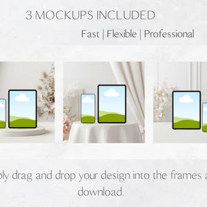 Op de afbeelding: Drie mockups van een tablet en smartphone met een landschapssc&egrave;ne weergegeven op de schermen. De tekst luidt "3 Mockups Included, Fast | Flexible | Professional". De onderste tekst zegt "Simply drag and drop your design into the frames and download."