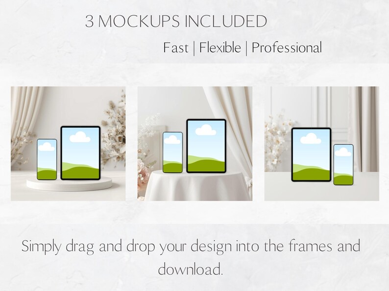 Op de afbeelding: Drie mockups van een tablet en smartphone met een landschapssc&egrave;ne weergegeven op de schermen. De tekst luidt "3 Mockups Included, Fast | Flexible | Professional". De onderste tekst zegt "Simply drag and drop your design into the frames and download."