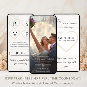 Puede incluir: Tres pantallas de teléfono inteligente que muestran información sobre bodas. Una pantalla muestra los detalles de RSVP, otra presenta una foto de una pareja con detalles de la boda y la tercera muestra un temporizador de cuenta regresiva. El texto incluye "We Do" y "RSVP".