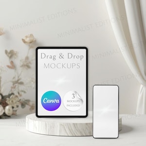 May include: A tablet and a smartphone with blank white screens. The tablet displays the text "Drag & Drop MOCKUPS", a Canva logo, and a circular badge stating "3 MOCKUPS INCLUDED". Both devices are positioned on a white circular platform.