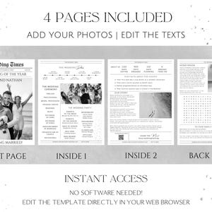 May include: A black and white wedding newspaper template with four pages. The front page reads "The Wedding Times" and features a photo of a couple. The template includes sections for photos and text, with the words "4 Pages Included" at the top.