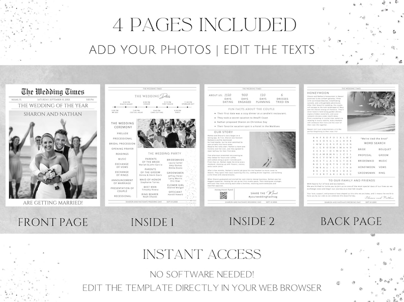 May include: A black and white wedding newspaper template with four pages. The front page reads "The Wedding Times" and features a photo of a couple. The template includes sections for photos and text, with the words "4 Pages Included" at the top.