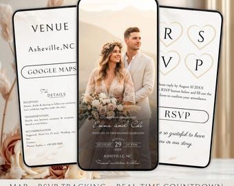May include: Digital wedding invitation design featuring a couple, event details, and RSVP information. The design includes a map, RSVP tracking, and a real-time countdown. The invitation is displayed on a smartphone.