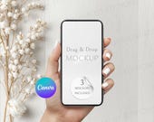 Digital Invitation Mockup For Canva, Hand Holding Phone, Invitation Mockup, Mobile Mockup (Digital Download)
