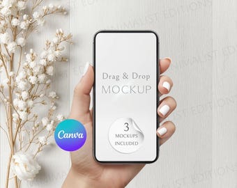 Digitales Einladungsmodell für Canva, Hand mit Telefon, Einladungsmodell, mobiles Mockup (digitaler Download)