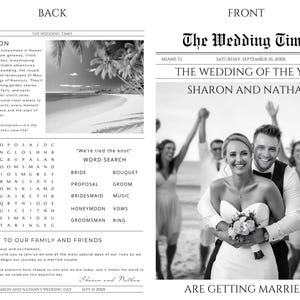 May include: A monochrome wedding announcement designed to look like a newspaper. The front page shows a happy couple and the headline "The Wedding of the Year." The back includes a honeymoon description and a word search.