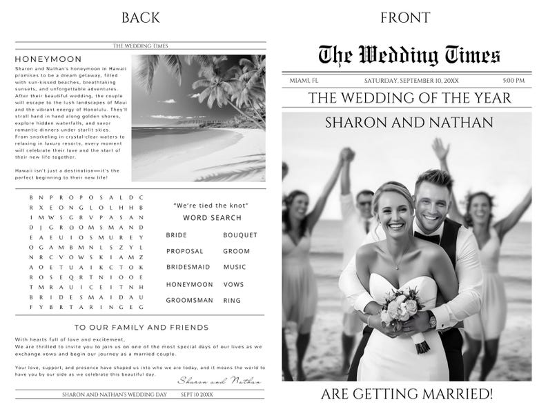 May include: A monochrome wedding announcement designed to look like a newspaper. The front page shows a happy couple and the headline "The Wedding of the Year." The back includes a honeymoon description and a word search.