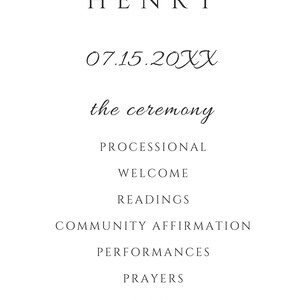 May include: A wedding ceremony program with elegant script. The names Lauren and Henry are featured, along with the date 07.15.20XX. The program lists the ceremony's order, including readings, vows, and a thank you message.