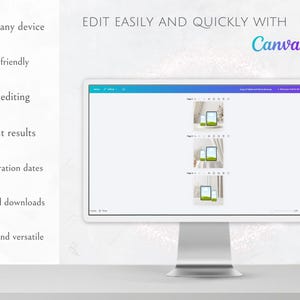 Op de afbeelding: Een computermonitor toont de Canva-interface met de tekst "Edit Easily and Quickly With Canva." Het scherm toont een reeks afbeeldingen. Tekst aan de linkerkant geeft functies weer: Bewerken op elk apparaat, Gebruiksvriendelijk, Gemakkelijk bewerken, Directe resultaten, Geen vervaldatums.