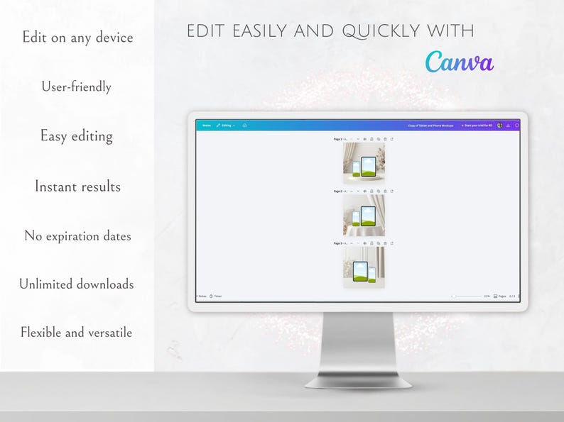 Op de afbeelding: Een computermonitor toont de Canva-interface met de tekst "Edit Easily and Quickly With Canva." Het scherm toont een reeks afbeeldingen. Tekst aan de linkerkant geeft functies weer: Bewerken op elk apparaat, Gebruiksvriendelijk, Gemakkelijk bewerken, Directe resultaten, Geen vervaldatums.