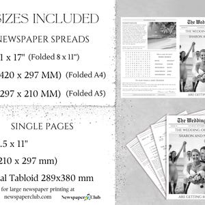 May include: A wedding newspaper design with the headline "The Wedding Times" and the names "Sharon and Nathan." The image includes a list of sizes, including A3 (420 x 297 mm) and A4 (210 x 297 mm) formats, and a photo of the couple.