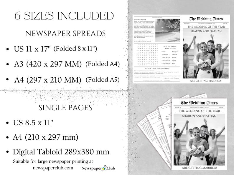 May include: A wedding newspaper design with the headline "The Wedding Times" and the names "Sharon and Nathan." The image includes a list of sizes, including A3 (420 x 297 mm) and A4 (210 x 297 mm) formats, and a photo of the couple.