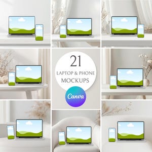 Pode incluir: Uma coleção de 21 mockups de laptops e telefones, cada um exibindo uma imagem de paisagem na tela. Os dispositivos estão dispostos em superfícies brancas com fundos neutros. O texto "21 Laptop & Phone Mockups" e "Canva" são visíveis.