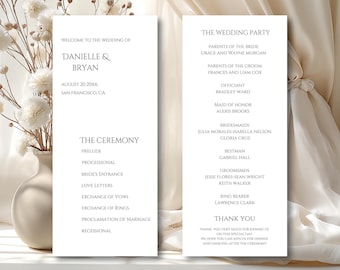Bearbeitbare Hochzeitsprogrammvorlage, Hochzeitszeremonie-Programmvorlage, minimalistisches Hochzeitsprogramm, modernes Hochzeitsprogrammvorlage